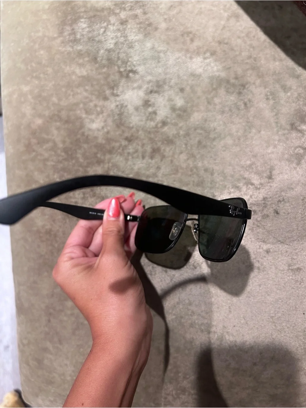 Ray-Ban Black Rectangular Metal Sunglasses with Dark Green Lenses